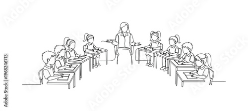 Inclusive Learning Space. Minimalistic one-line drawing children at desks with equal attention from teacher, continuous single black line on white background,