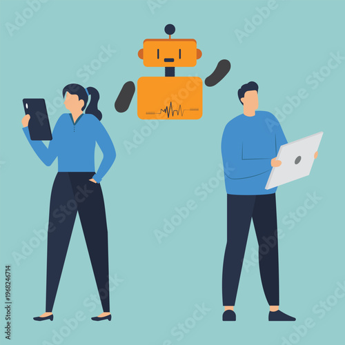 Tech Collaboration: Two individuals, engrossed in modern devices, converge with a futuristic robot, symbolizing the fusion of human ingenuity and artificial intelligence.