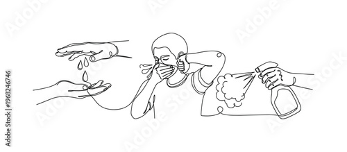 Stopping Germs. Minimalistic one-line drawing hands using sanitizer, person covering sneeze, and disinfecting objects, continuous single black line on white