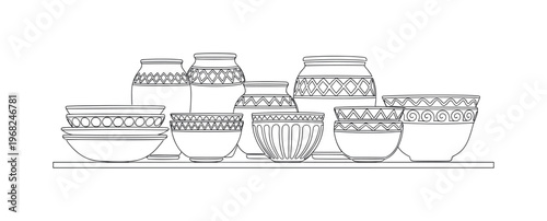 Home Decor Pottery. Minimalistic one-line drawing assortment of decorative ceramic bowls and pots on shelf, continuous single black line on white background,
