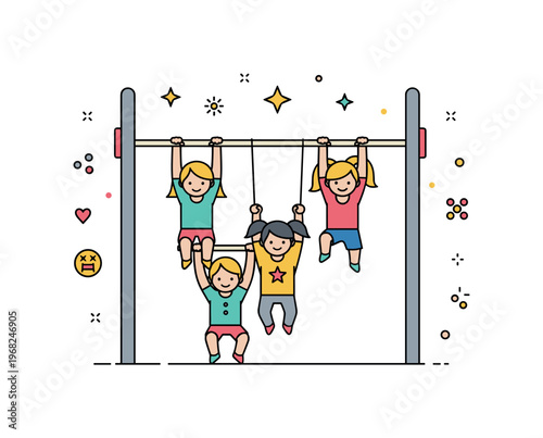 Jungle gym bar group play concept where kids interact and hang from bars together while tiny sparkle and star icons highlight teamwork, fun, and coordination.