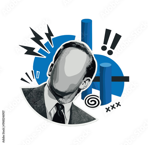 Faceless shocked character close-up, black and white retro photo style head with erased facial details, exaggerated head tilt suggesting shock, intersecting