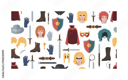 cosplay elements seamless pattern, repeating pattern, surface design, textile print, modern illustration of swords, shields, wigs, masks, gloves, boots, capes,