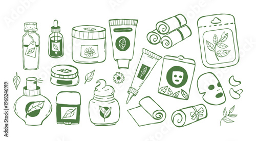 Eco Cosmetic, Skincare and Spa Doodle Set. Green Outline Bottles, Jars, Perfume, Cream, Oil, Tube, Face Mask, Oil, Deodorant and Towel, Beauty Accessories. Isolated hand-drawn. Vector Illustration.