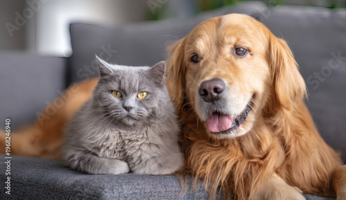 A lovely grey tabby cat and a golden retriever dog resting together on a grey sofa at home