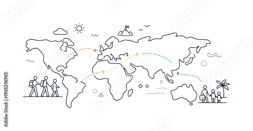 Human migration concept. Abstract continent shapes connected by dotted and curved routes, symbolizing movement of people over time. The illustration