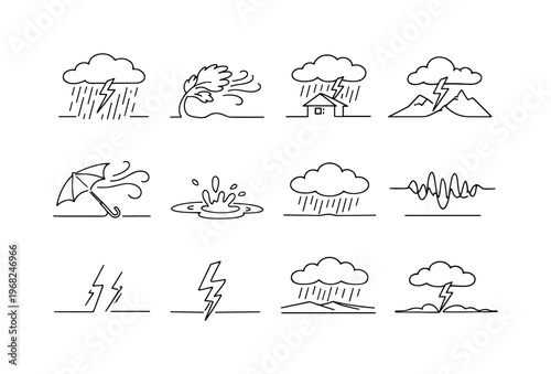Thunderstorm Over Landscape. Minimalistic set one-line drawing dark cloud with lightning bolt, heavy rain lines, wind gust swirls, tree bending in storm, house