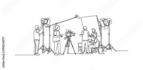 Behind the Scenes. Minimalistic one-line drawing film crew arranging equipment on set, continuous single black line on white background, simple outline style,