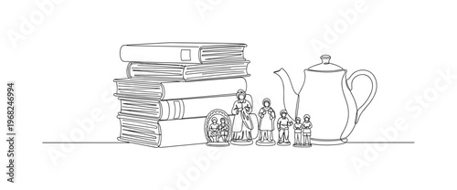 Antique Objects. Minimalistic one-line drawing old books, teapot, and small vintage figurines, continuous single black line on white background, simple outline