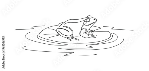 Pond Wildlife. Minimalistic one-line drawing frog resting on lily pad surrounded by calm water, continuous single black line on white background, simple