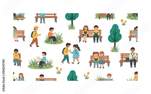 children in parks motifs seamless pattern, repeating pattern, surface design, textile print, modern illustration of children walking, sitting, drawing,