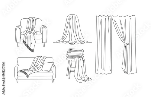 Interior Textile Decor. Minimalistic one-line drawing decorative fabrics draped or folded for home, continuous single black line on white background, simple