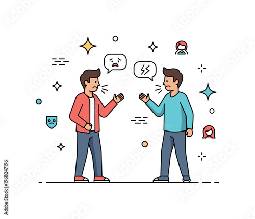 Fight between friends street disagreement scene where two friends talk passionately while small sparkle and line icons emphasize emotion, tension,