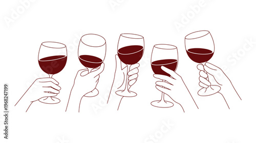 Five hands holding glasses of red wine in a toast celebration on a white background, hand drawn vector illustration in black and white
