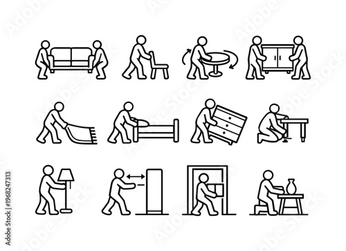 Furniture movement actions. Line icon set of Furniture movement actions: lifting sofa, sliding chair, rotating table, carrying cabinet, dragging rug, pushing