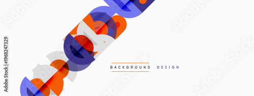 Abstract geometric shapes overlap, creating dynamic visual effect. Orange, purple, blue hues dominate white background. Minimalist design.