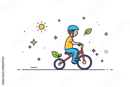 Tricycle ride morning sunshine scene where a child pedals in bright light while small sparkle and leaf icons emphasize energy, happiness, and outdoor activity.