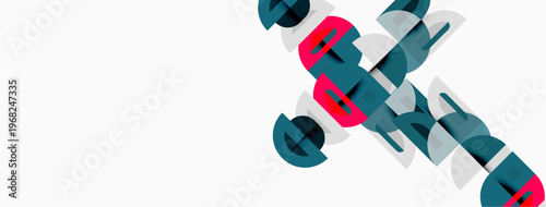 Abstract geometric shapes overlap, creating dynamic composition. Teal, white, red hues dominate minimalist design. Modern aesthetic.