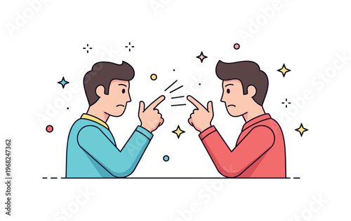 Fight between friends animated argument concept where two friends face each other with expressive gestures while tiny sparkle and star icons highlight playful
