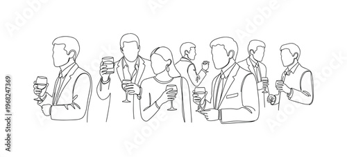 Sophisticated Gathering. Minimalistic one-line drawing individuals holding drinks with subtle gestures of conversation, continuous single black line on white