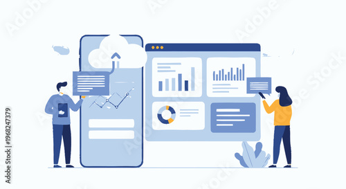 Business professionals analyzing data on a mobile phone and computer screen.
