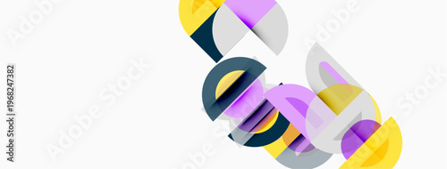 Abstract composition featuring overlapping curved shapes. Colors include purple, yellow, gray, teal. Minimalist design, clean lines, modern aesthetic.