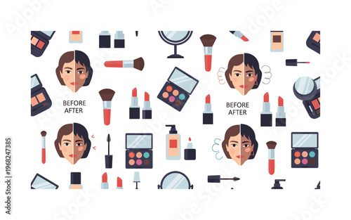 makeover motifs seamless pattern, repeating pattern, surface design, textile print, modern illustration of split-face transformations, makeup