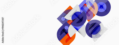 Abstract geometric shapes overlap. Blue, orange hues dominate white background. Modern design, minimalist aesthetic.