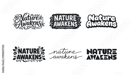 Nature Awakens. Set lettering. harmonious lettering variations of the same emblematic concept, each with different artistic interpretation (Decorative floral