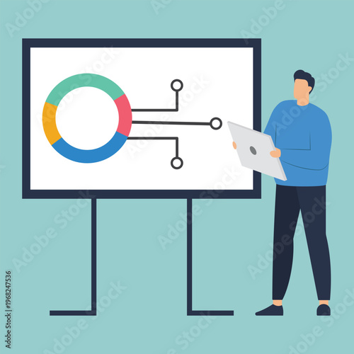 Data-Driven Insights: A professional presents a vibrant data analysis on a digital display, illustrating complex information with a clear visual. 