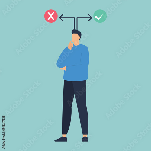 Navigating Decisions: A person thoughtfully contemplates two opposing choices, represented by a correct and incorrect symbol, symbolizing decision-making