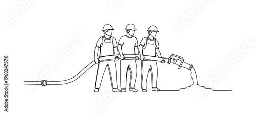 Pouring Teamwork. Minimalistic one-line drawing operators coordinating concrete flow with pump hose, continuous single black line on white background, simple