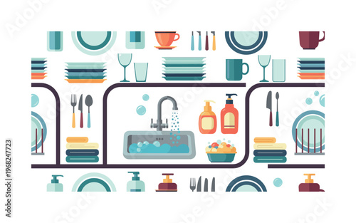 dish cleaning icons seamless pattern, repeating pattern, surface design, textile print, modern illustration of plates, cups, utensils, sinks, bubbles, soap