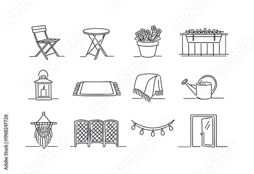 Outdoor Holiday Decor. Solid icon set of Outdoor Holiday Decor: house with lights, roofline lights, yard decorations, inflatable figure, porch wreath, front