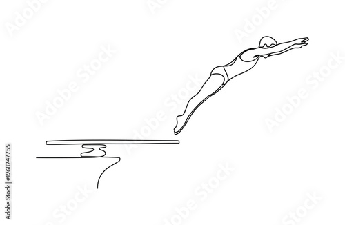 Ambitious Dive. Minimalistic one-line drawing diver mid-air from springboard, continuous single black line on white background, simple outline style, no