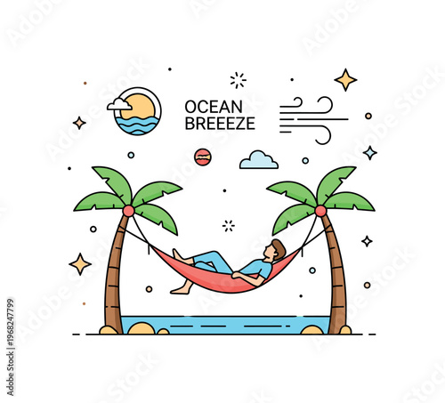 Ocean breeze hammock scene where a person relaxes suspended between two palms near the shore while tiny sparkle and star icons highlight calm, leisure, and