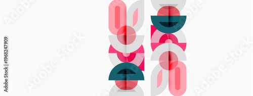 Abstract geometric pattern. Pink, teal, red shapes overlap white background. Minimalist design, modern aesthetic, simple composition.