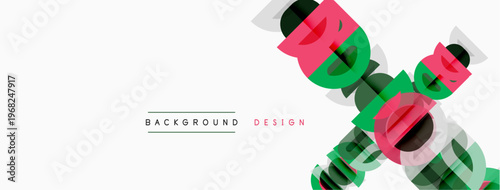 Abstract design features overlapping text elements. Pink, green hues dominate white background. Minimalist style, modern aesthetic.