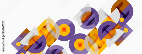 Abstract geometric shapes overlap, creating vibrant purple, orange tones. Minimalist design with layered elements, modern aesthetic.