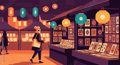 Night Market Scene with Lanterns and Art Booths, People Shopping