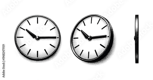 Wall clock analog ? modern thin-profile wall clock with elongated hour markers and central axis, depicted in straight-on view, tilted view, and edge-on profile