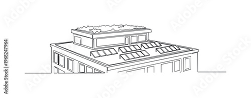 Green Roof Building. Minimalistic one-line drawing building with vegetated roof and solar panels, continuous single black line on white background, simple