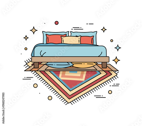 Rug under bed layered interior scene where a patterned rug complements pillows and bedding while small sparkle and line icons emphasize warmth, texture, and