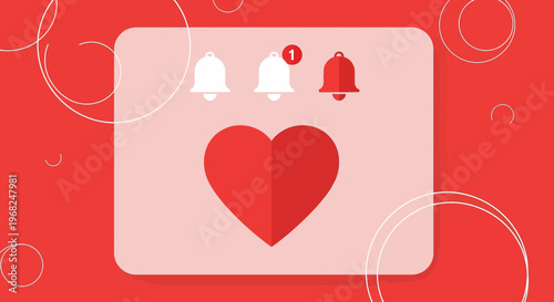 Notification Bell Icons with Large Heart Symbol, Social Media Like Concept