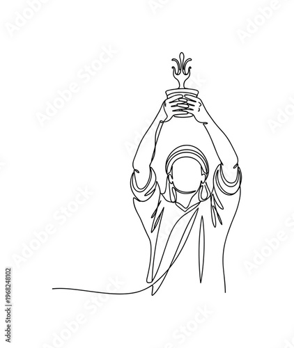 Ritualistic Gesture. Minimalistic one-line drawing person with raised hands performing ceremonial act, continuous single black line on white background, simple