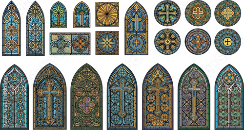 Stained Glass Church Windows and Rose Window Set Gothic Cathedral Religious Mosaic Vector Illustration Collection