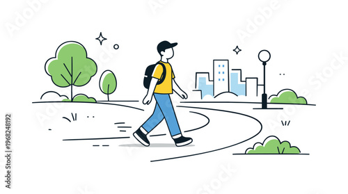 Walking through an urban park. A person strolling along a curved path with trees, grass, and distant buildings around. The illustration conveys everyday