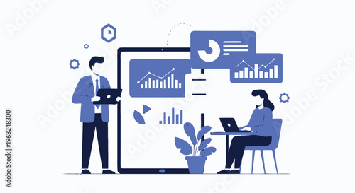 Business professionals analyzing data on digital tablet screens for insights.