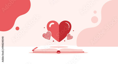 Open Book with Floating Hearts, Love Story Concept, Romantic Illustration
