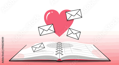 Open Book with Flying Envelopes and Pink Heart, Love Letters Concept